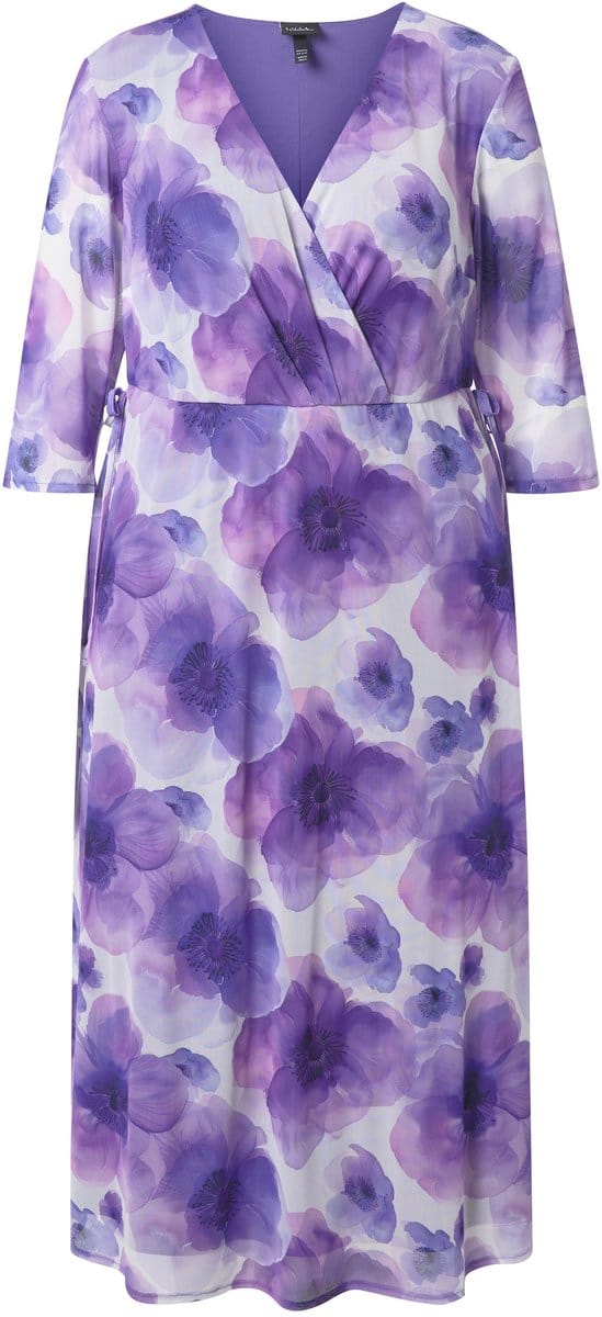 Ulla Popken - Dames - Maxi-jurk bloemen dubbellaags V-hals korte mouwen - Purper - Maat 46+