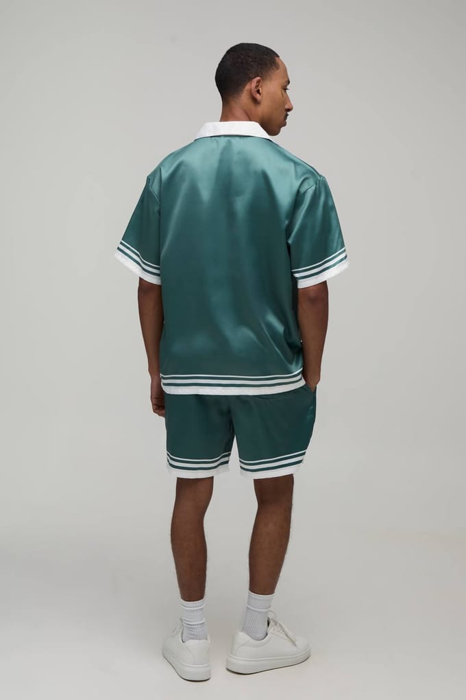 Oversized Short Sleeve Double Boarder Print Satin Shirt & Short Set | Green | Size Medium