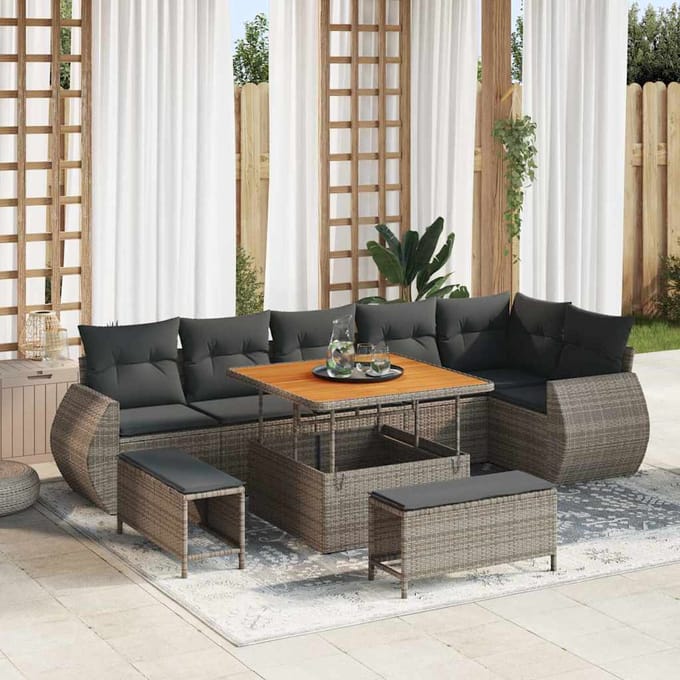 vidaXL - Tuinbank - Set - 9 - st - 9-Aantal - zitplaatsen - Grijs - Poly - Riet