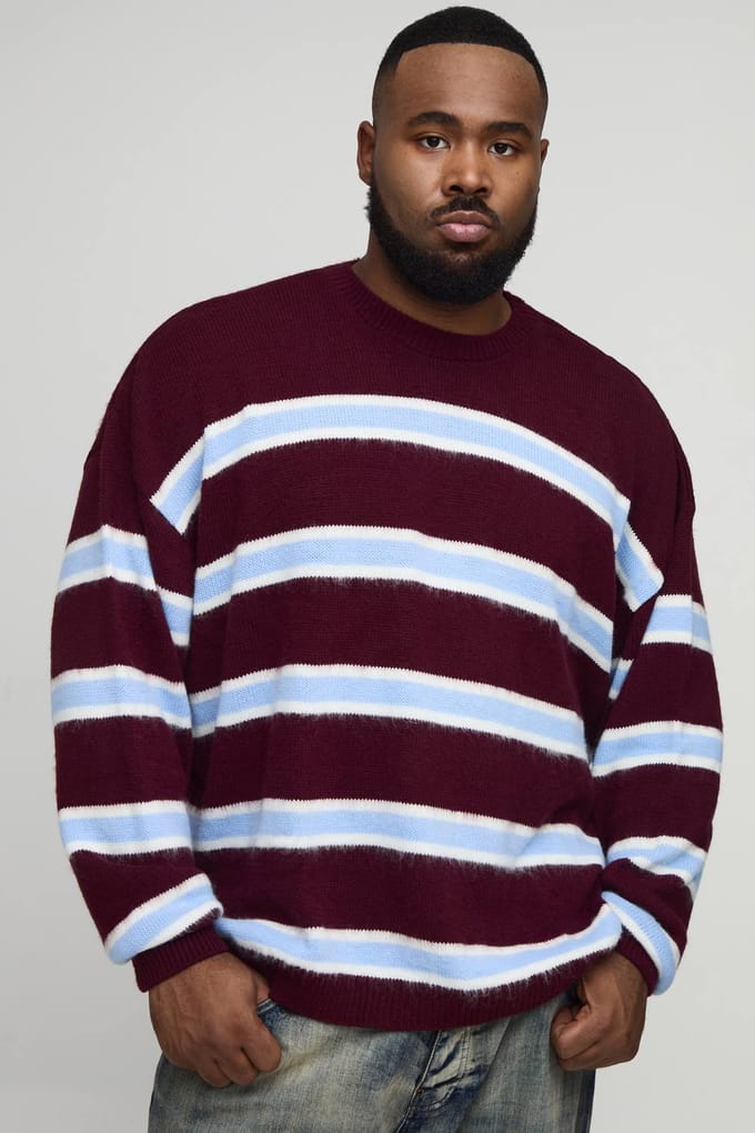 Plus Contrasterende Streep Geborsteld Gebreid Oversized Trui | Burgundy | Size 2XL