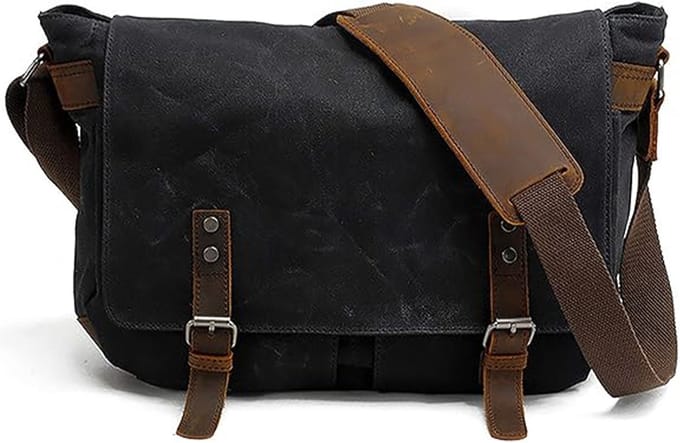 Tas – Briefcase – Heren Vintage Schoudertas – Leer & Canvas – Laptopvak 14" – Zwart