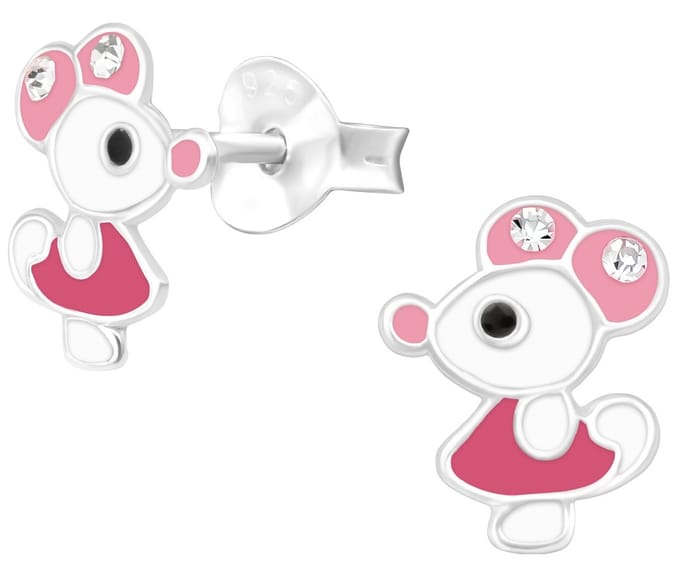 Joy|S - Zilveren muis oorbellen - 7 x 9 mm - wit roze - kristal
