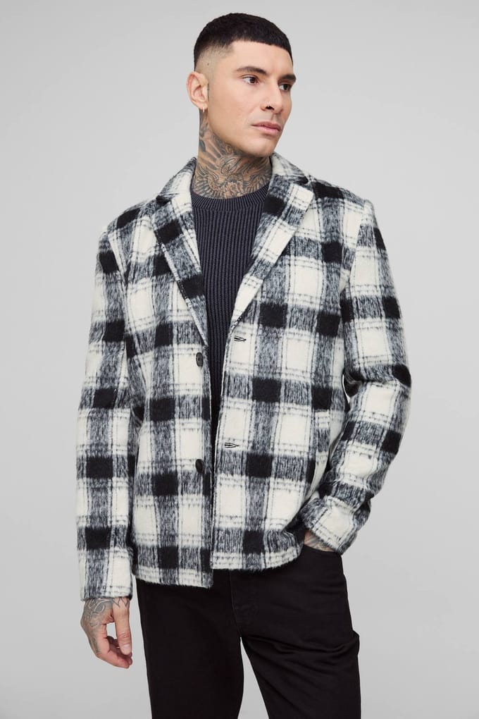 Lange Boxy Oversized Geborsteld Geruit Overjas | Black | Size Medium