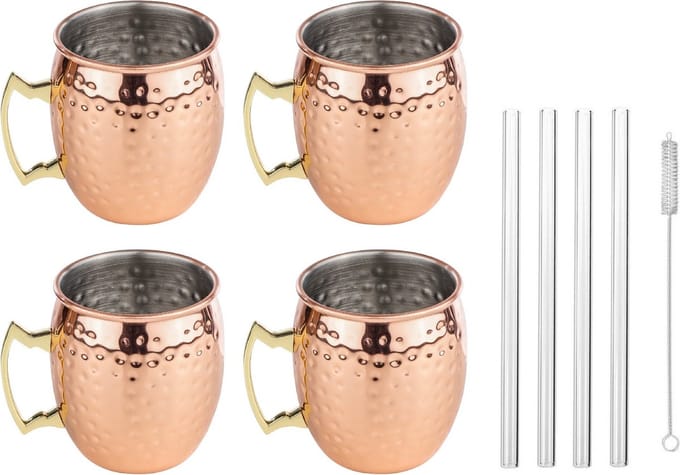 Set van 4x Cocktailbekers Moscow Mule 500 ml - Inclusief 4x glazen herbruikbare rietjes