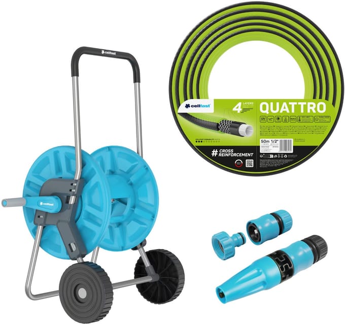 Cellfast Aluplus-slangwagen 1/2" 60 m + Cellfast Quattro-tuinslang 1/2" 50 m + set met Cellfast Basic-sproeier 1/2"
