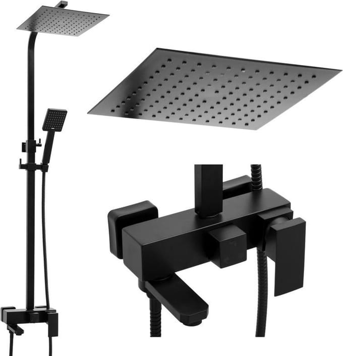 Doucheset - Vierkant - met Badkraan - en Regendouche 25cm - Zwart - Messing & RVS