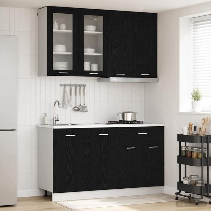 vidaXL - Keukenblok - LYON - 4 - st - Zwart - eiken - Bewerkt - hout