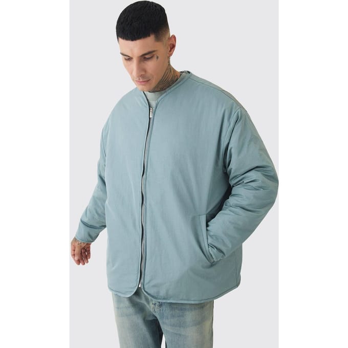Tall Oversized Collarless Padded Bomber Jacket In Slate | Size Medium