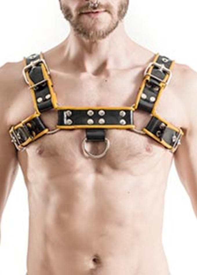 Mister B rubber borstharnas zwart - geel - S/M
