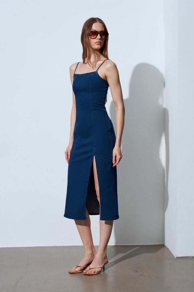 Dames Mouwloze Bodycon Midi Denim Jurk