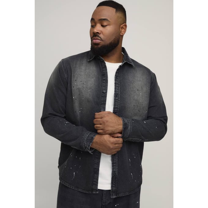 Plus Regular Fit Spray Gewassen Verfspetter Denim Overhemd | Washed Charcoal | Size 2XL