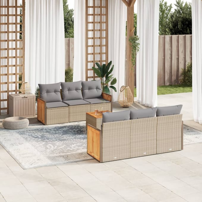 vidaXL - 7-delige - Loungeset - met - kussens - poly - rattan - beige