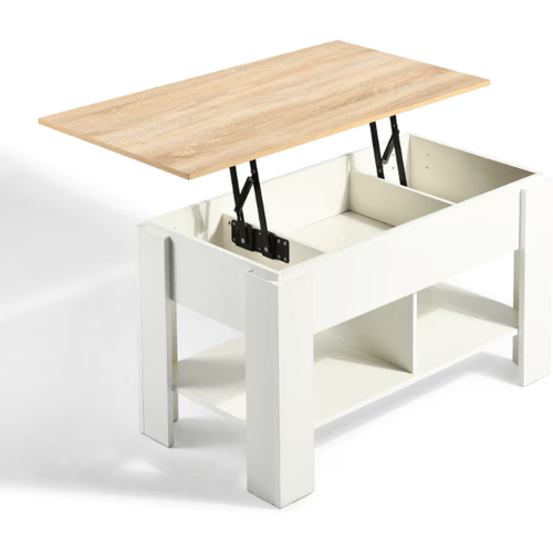 URBAN MEUBLE Salontafel met Verhoogbaar Blad | Extra Opbergruimte en Legplank | Wit / Eikenhout Kleur