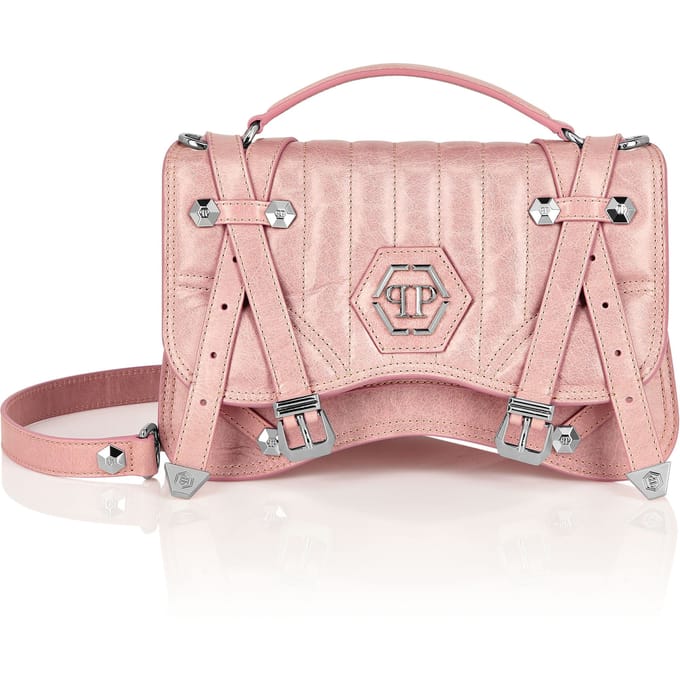 Shiny Crackle Leather Belt Handle Bag Medium Hexagon