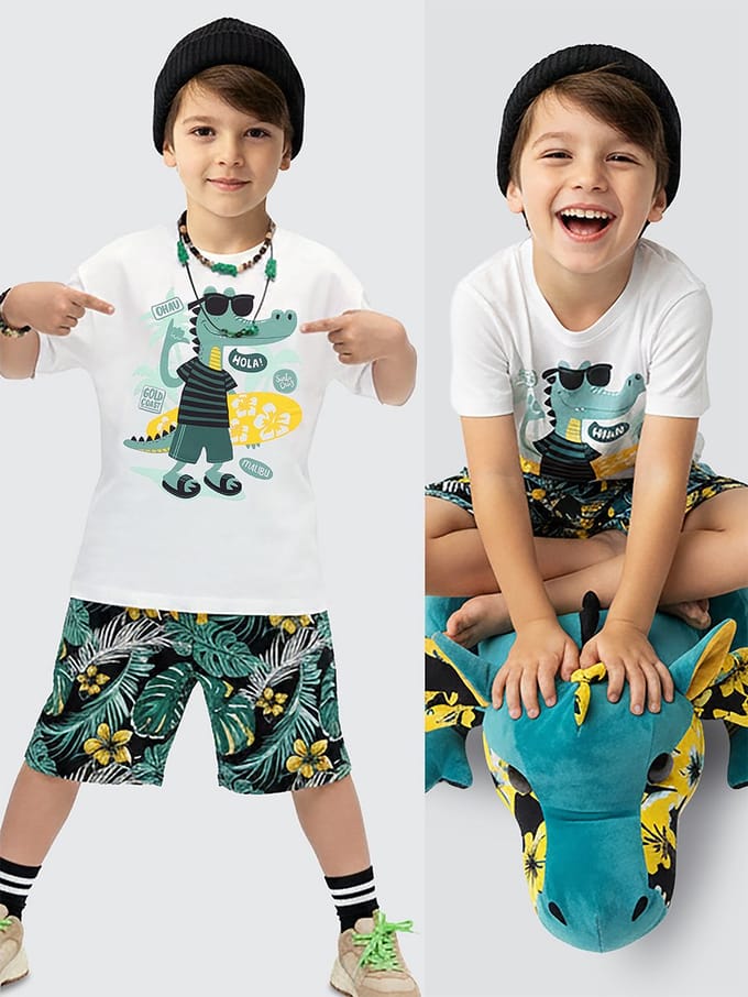 Denokids CFF-26Y1-101 Witte Jongens T-shirt en Short Set met Krokodil Print 110