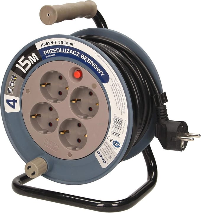 Mini Kabelhaspel 15m met 4 Stopcontacten en Thermische Beveiliging