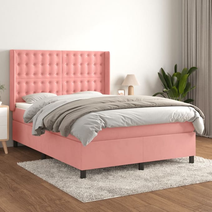 vidaXL - Boxspring - met - matras - fluweel - roze - 140x190 - cm