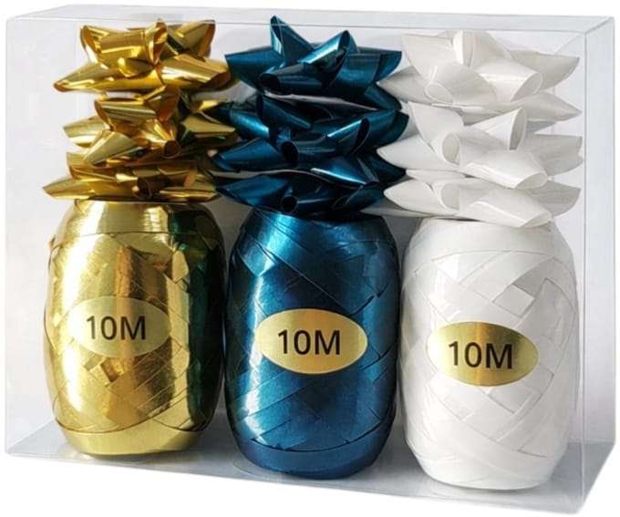 Cadeaulint Set met Strikken – 3 Rollen x 10 Meter + 9 Cadeaustrikken – Goud, Blauw & Wit – Cadeau Inpakset