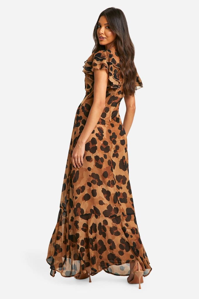 boohoo Dames Luipaard Crinkle Chiffon Engelenmouw Maxi Jurk | Brown | Maat: 8