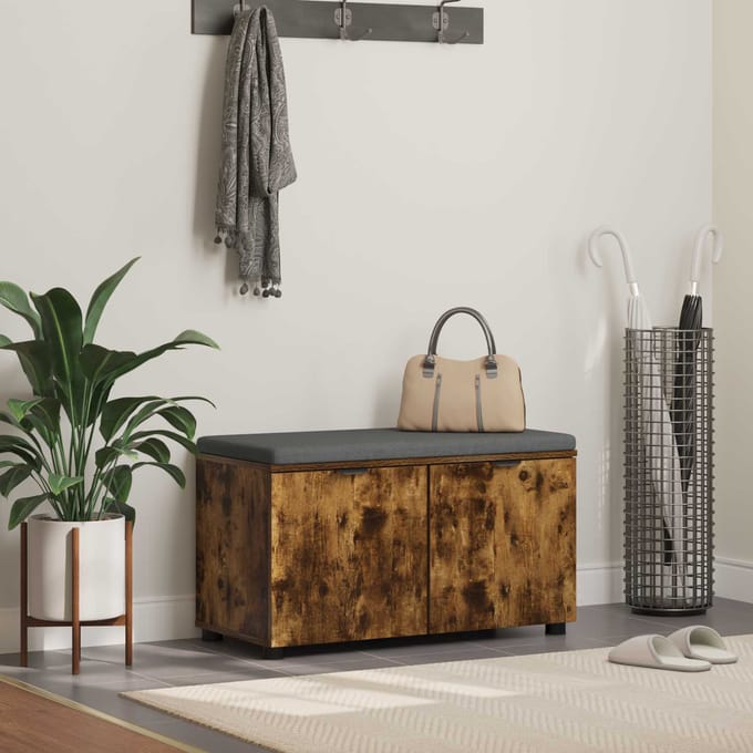 vidaXL - Hallenbank - met - kussen - met - plank - Gerookte - Eik - 80 - x - 38 - x - 46 - cm