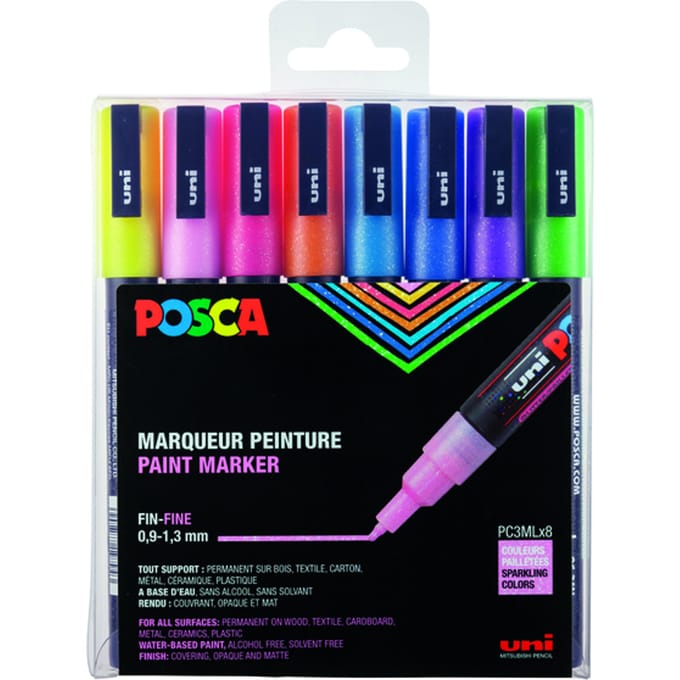 Paintmarker Uni POSCA PC3M fijn glitter pastel assorti set a 8 stuks