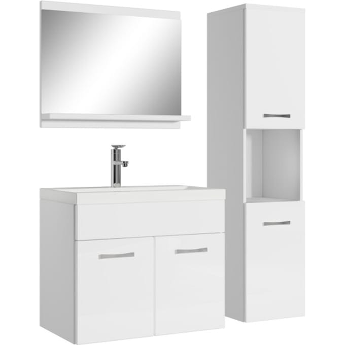 Badplaats Badkamermeubel Set Montreal 60 x 35 cm – Wit Hoogglans – Badmeubel met Spiegel en Zijkast