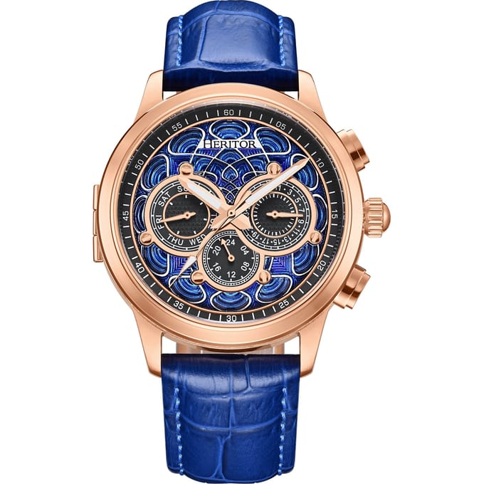 Heritor Automatic Apostle horloge met leren band en dag-/datumfunctie - roségoud/blauw