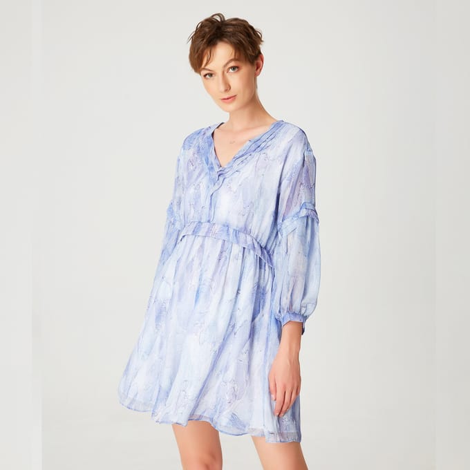 Korte trapeze chiffon jurk met abstracte print