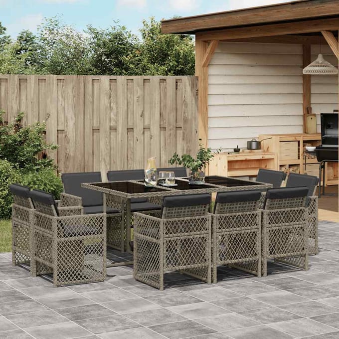 vidaXL - 11-delige - Tuinset - met - kussens - poly - rattan - grijs