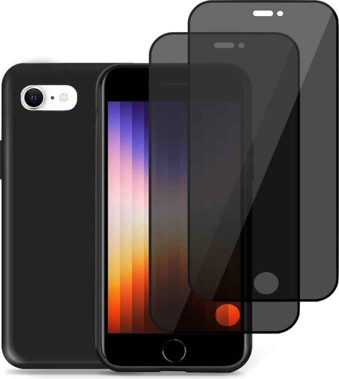 Hoesje geschikt voor iPhone SE 2022 + 2x Privé Screenprotector – Privacy Tempered Glass - Back Case Cover Zwart