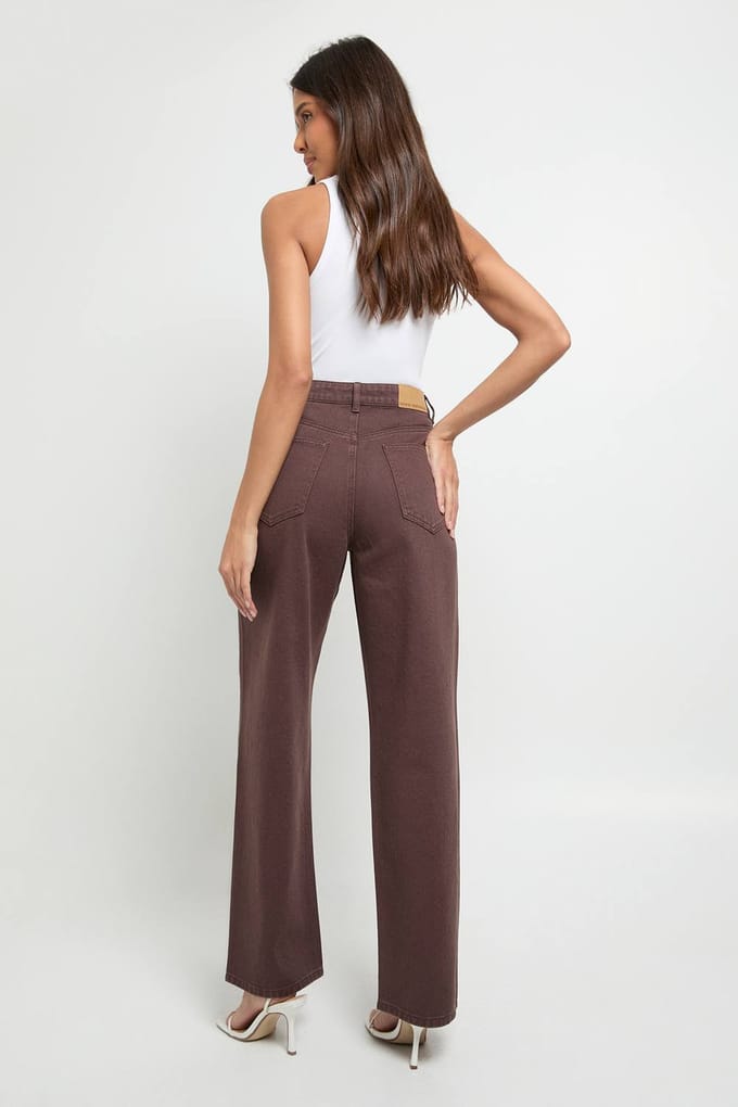 boohoo Dames Versierde hoge taille, wijde pijpen spijkerbroek | Chocoladebruin | Maat: 36