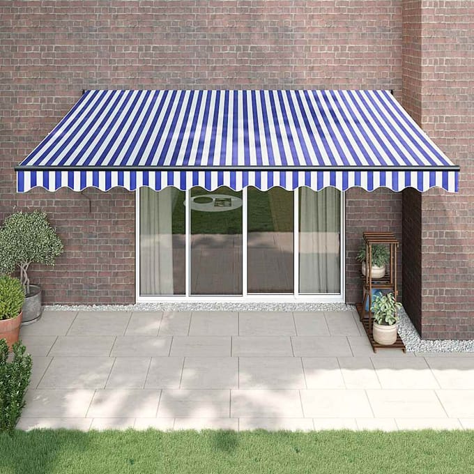 vidaXL - Uitschuifbare - luifel - Blauw - en - Wit - met - Antraciet - Frame - 4 - × - 3 - m