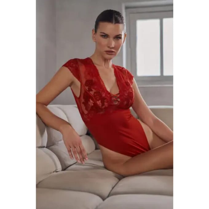 marjolaine Bonnie red mesh and lace bodysuit Rood M