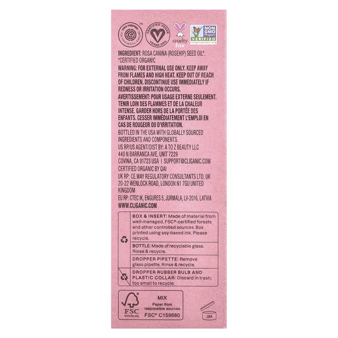 Cliganic - Rosehip Seed Oil - rozenbottelzaadolie - vitamine A en C - hydraterend voor de huid - (30 ml)