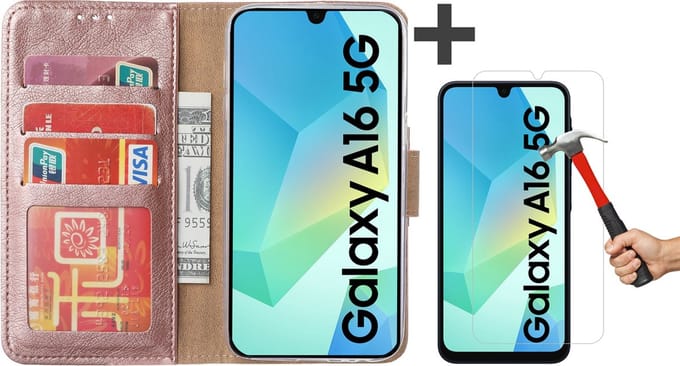 Hoesje met Screenprotector Geschikt voor Samsung Galaxy A16 (5G/4G) – Arara bookcase met pasjeshouder - Rosegoud