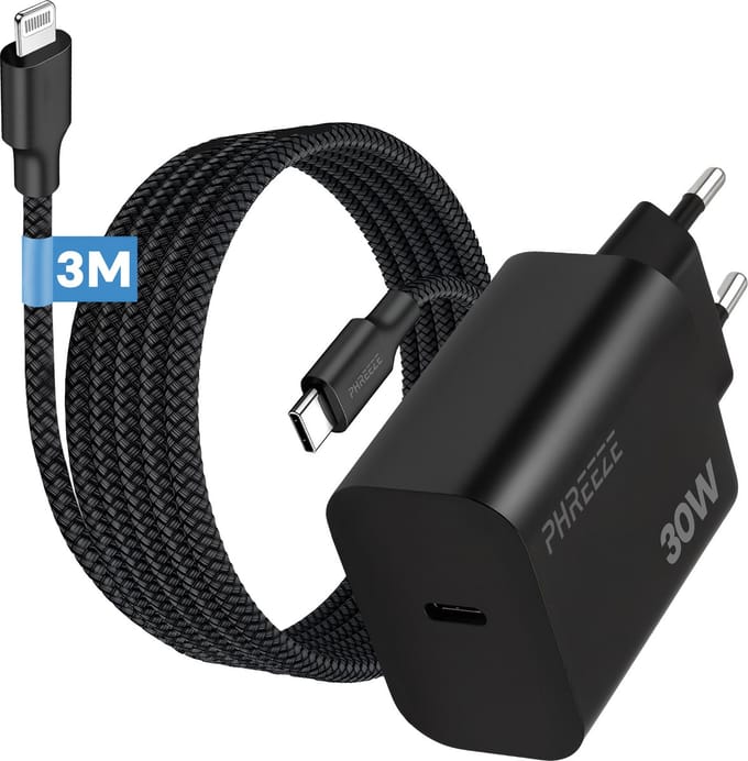 Phreeze 30w usb C snellader geschikt voor iPhone en iPad - Met geschikt voor usb C naar Lightning kabel 3 meter - Oplader