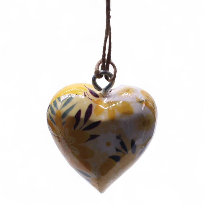 Decoratieve houten hart - Geel met bloemen