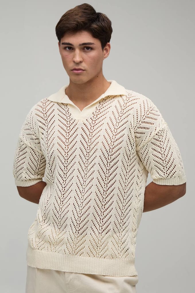 Polo Met Ontspannen Pasvorm En Open Stekenpatroon | Ecru | Size Small