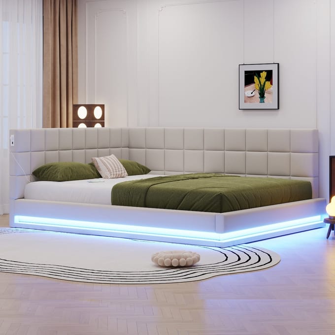 MODFU Bedframe 160x200 cm – beige linnen – multifunctioneel met LED (muziekmodus) en USB