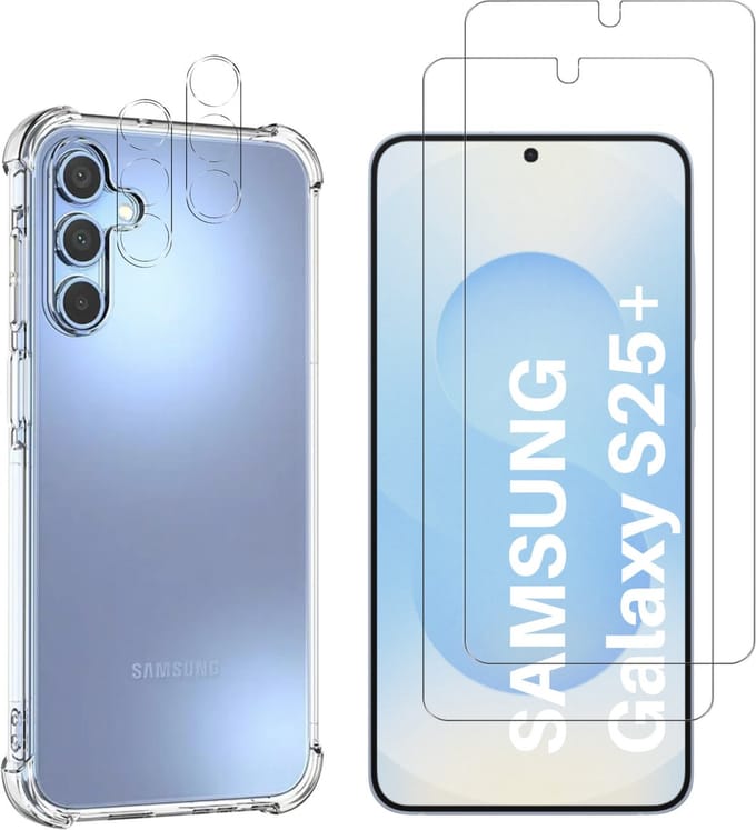 Hoesje geschikt voor Samsung Galaxy S25 Plus backcover Shockproof siliconen Transparant + 2 stuks Screenprotector Gehard Glas + 2 stuks Camera Protector