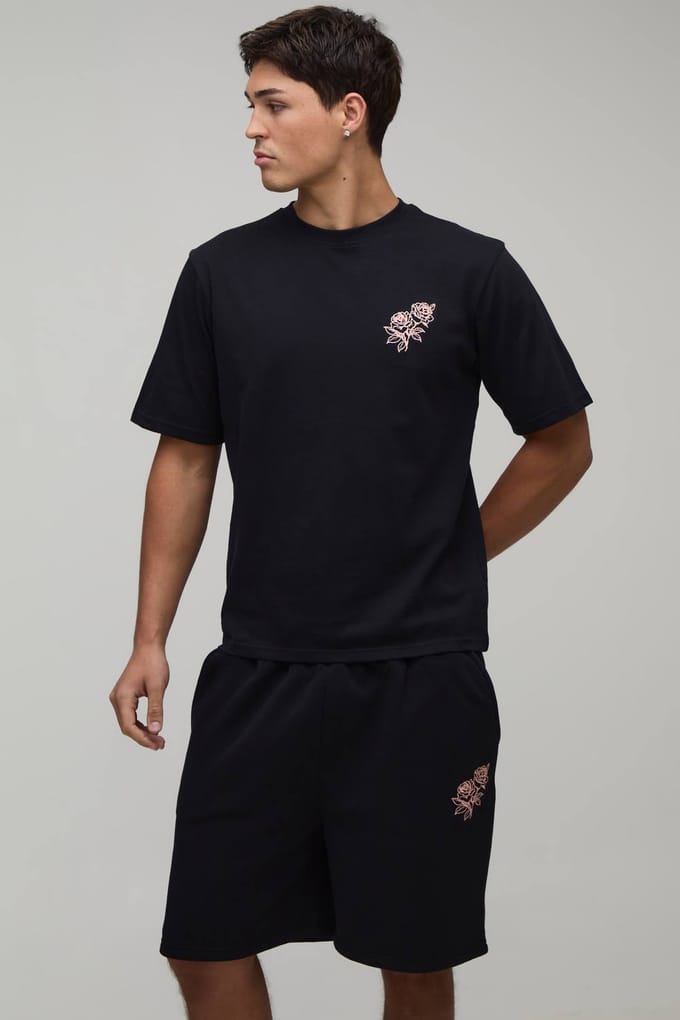 Regular Fit T-shirt Met Roos Borduursel & Regular Fit Short Set | Black | Size Medium