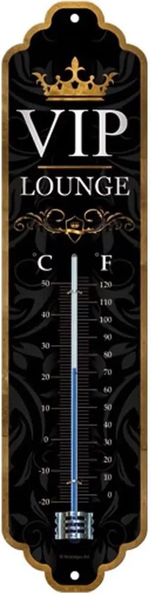 Nostalgic Art Binnen/buiten thermometer - VIP Lounge - Zwart/goud - metaal - 28 x 6.5 cm