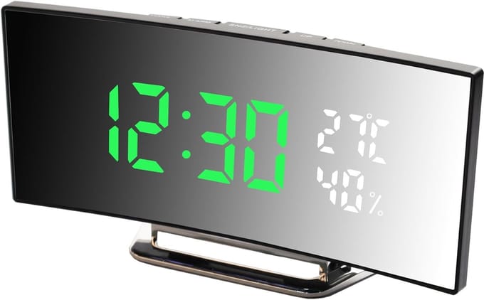 LED Digitale Wekkerradio – Groot Gebogen Scherm, 3 Helderheidsniveaus, 2 Wekkers, Snooze, Temperatuur & Vochtigheid, USB Voeding