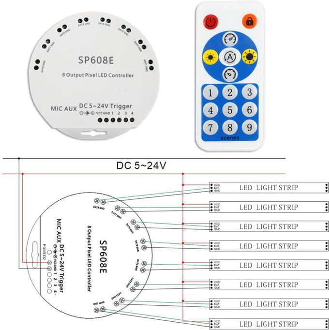 Bluetooth + IR Afstandsbediening voor Pixel LED strip - SP608E LED Controller - 8 Uitgangen