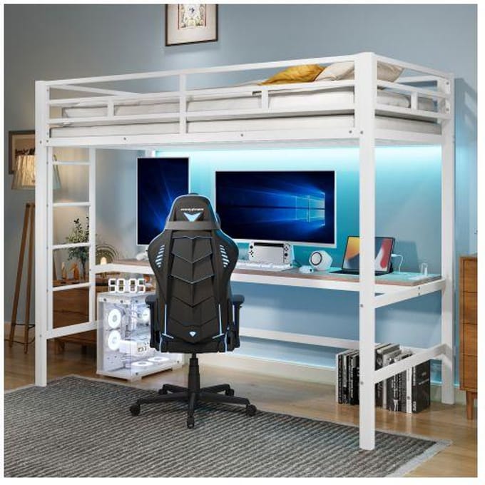 Verhoogd bed - MUVOE - volgens EN747 - 90x200 cm - wit metaal - meerkleurige LED, USB/Type-C aansluitingen wit