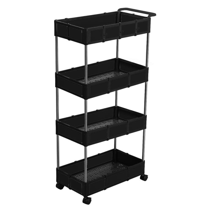 4-laags Multifunctionele Rolbare Werkwagen met Afneembare Manden 4 Haken Opbergwagen met 4 Layer zwart