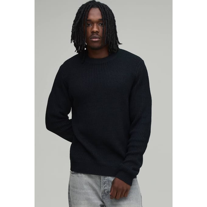 Lange Regular Fit Geribbelde Gebreide Trui | Black | Size Small