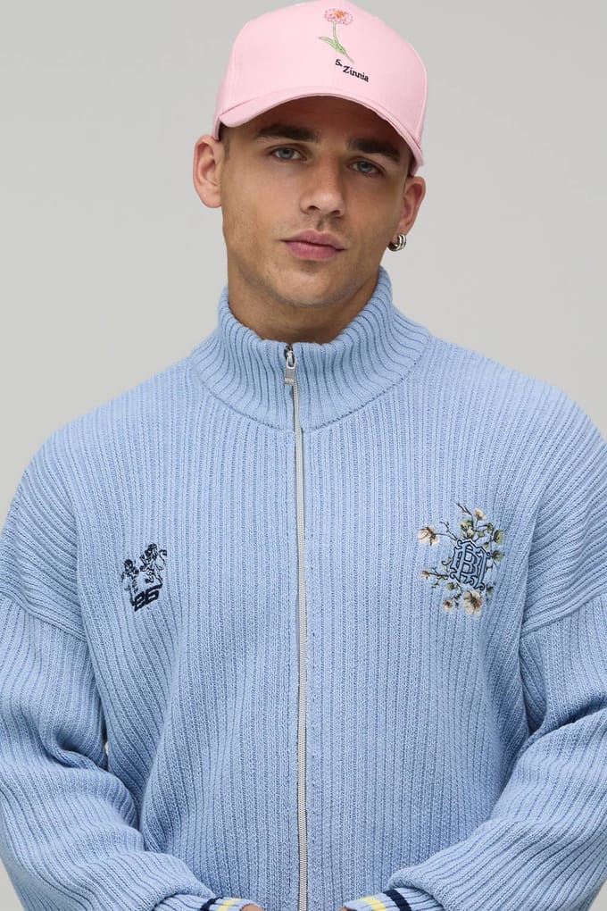 Geribbeld Gebreid Trainingsjack Met Trechterkraag En Borduursel | Light Blue | Size Medium