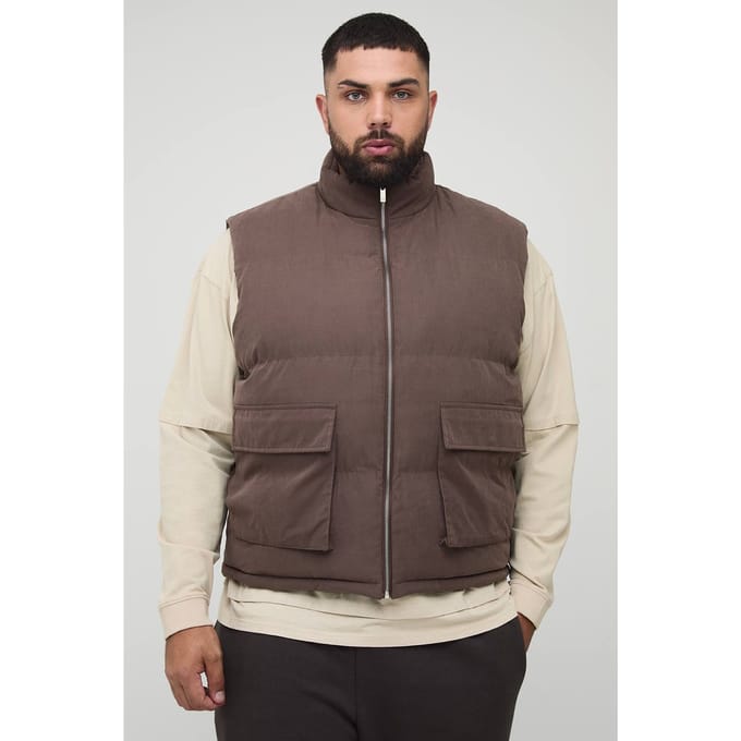 Plus Boxy Faux Suede Funnel Neck Gilet in Chocolate | Size 4XL