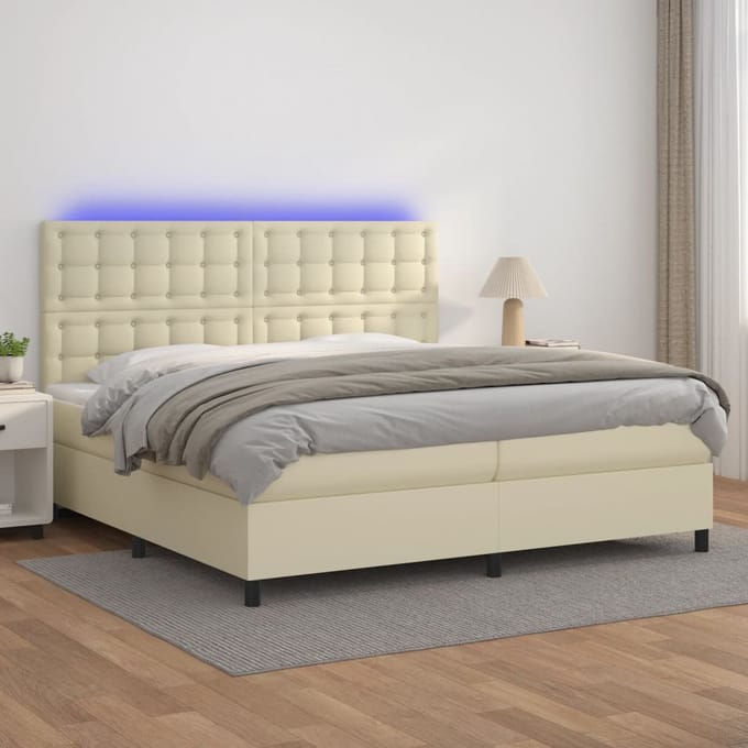 vidaXL - Boxspring - met - matras - en - LED - kunstleer - crèmekleurig - 200x200 - cm